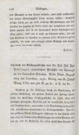 118-146 [Rezension] Döllinger, Ingnaz von, Lehrbuch der Kirchengeschichte, 1