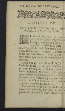 Chapitre VIII. Du Grand Marêchal des Logis, des Marêchaux & Fouriers des Logis.