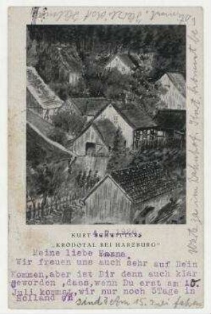 Postkarte von Helma Schwitters an Hannah Höch, mit Abbildung "Kurt Schwitters »KRODOTAL BEI HARZBURG«". 's Gravenhage