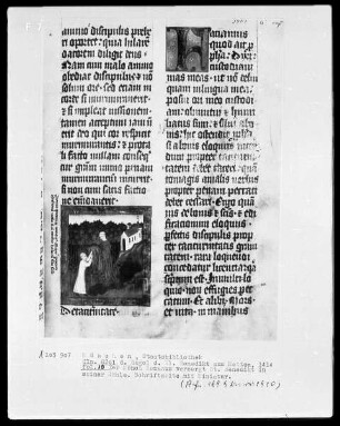 Regel des heiligen Benedikt — Der Einsiedler Romanus versorgt den heiligen Benedikt mit Nahrung, Folio 10recto