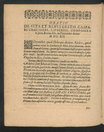 Oratio De Vita Et Rebus Gestis Caspari Crucigeri ...
