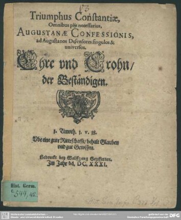 Triumphus Constantiae, Omnibus piis necessarius ... : Ehre und Crohn der Beständigen