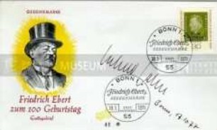 Ersttagsbrief, signiert von Gerhard Jahn, zwischen 1969 und 1974 Bundesjustizminister in den Regierungen von Bundeskanzler Willy Brandt