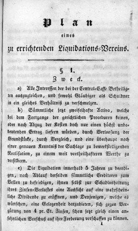 Plan eines zu errichtenden Liquidations-Vereins.