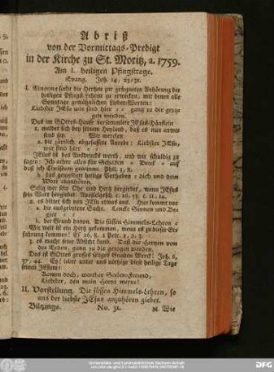 [No. 31.] Abriß von der Vormittags-Predigt in der Kirche zu St. Moritz, a. 1759. Am I. heiligen Pfingsttage. Evang. Joh. 14, 23 - 31.