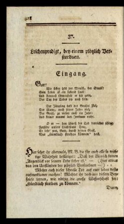 37. Leichenpredigt, bey einem plötzlich Verstorbnen.