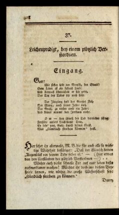 37. Leichenpredigt, bey einem plötzlich Verstorbnen.