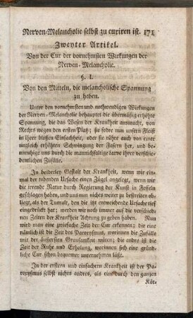 Zweyter Artikel. Von der Cur der vornehmsten Wirkungen der Nerven-Melancholie.
