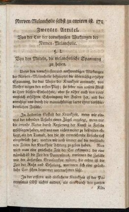 Zweyter Artikel. Von der Cur der vornehmsten Wirkungen der Nerven-Melancholie.