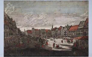 Der Altmarkt in Dresden von der Seestraße nach Nordosten mit Marktständen und Chaisenhaus rechts, Leuchtbild mit ausgeschnittenen Fenstern und punktueller Kolorierung nach einem Gemälde von Bernardo Bellotto, genannt Canaletto