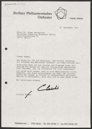 Brief an Elmar Weingarten an Deutsches Symphonie-Orchester Berlin, 10.09.1994
