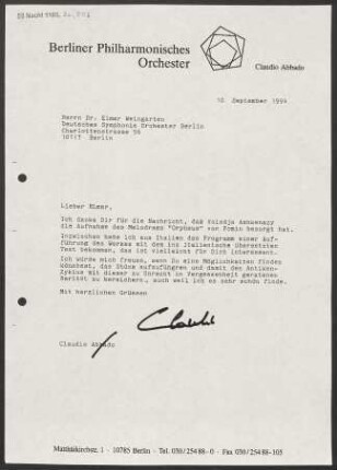 Brief an Elmar Weingarten an Deutsches Symphonie-Orchester Berlin, 10.09.1994