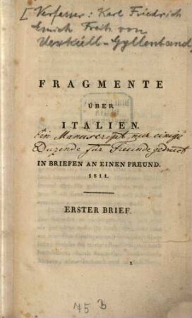 Fragmente über Italien : In Briefen an einen Freund 1811