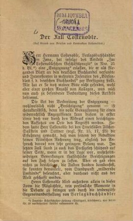 Der Fall Costenoble : (Auf Grund von Briefen und Kontrakten Costenobles.)