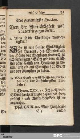Die Zwanzigste Lection. Von der Aufrichtigkeit und Lauterkeit gegen GOtt.