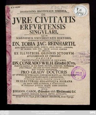 Dissertatio Inavgvralis Juridica, De Jvre Civitatis Erfvrtensis Singvlari