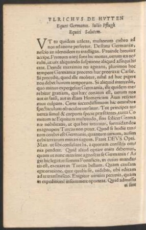 Ulricus De Hutten Eques Germanus. Iulio Pflugk Equiti Salutem.