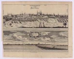 Ansicht von Halle, Kupferstich, 1749 : Hall in Sachsen : Salinae Saxonicae / Delineatum opera Johannis Mellingeri Halensis. - [Halle] : [Schneider] , 1749. - 2 Ansichten auf 1 Kunstbl. : Kupferst. ; Gesamtgr. 50 x 37 cm