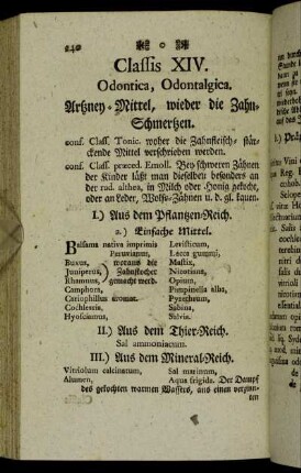 Classis XIV. Odontica, Odontalgica. Artzney-Mittel, wieder die Zahn-Schmertzen.