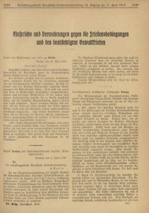 Einsprüche und Verwahrungen gegen die Friedensbedingungen und den beabsichtigen Gewaltfrieden
