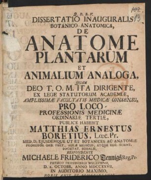 Dissertatio Inauguralis Botanico Anatomica, De Anatome Plantarum Et Animalium Analoga