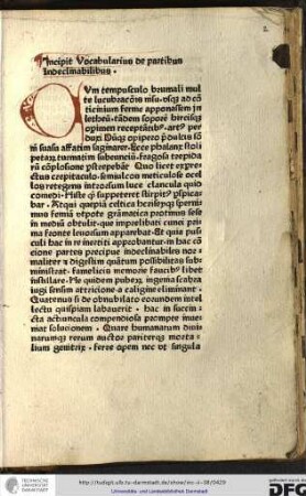 Incipit vocabularius de partibus indeclinabilibus.