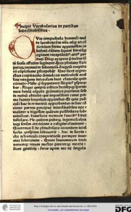 Incipit vocabularius de partibus indeclinabilibus.