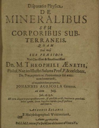 Disputatio Physica De Mineralibus seu Corporibus Subterraneis