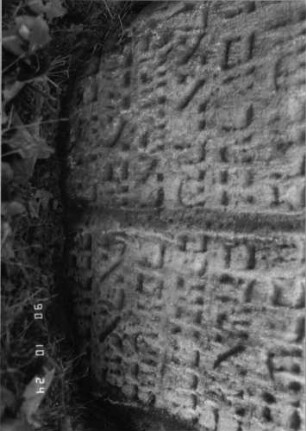 Grabstein 418 (Index: 100115645) Material: Sandstein Zustand: verwittert mit Textverlust, teilweise im Boden eingesunken Maße HxBxT: 63x55x9 cm Beschreibung: Doppelstele mit doppeltem Rundbogen Besonderheit: Doppelgrab für Eheleute: Grabstein 418B (Nachholaufnahme)