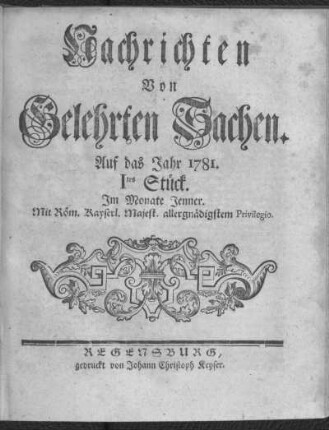 1781: Wöchentliche Nachrichten von gelehrten Sachen auf das Jahr 1781