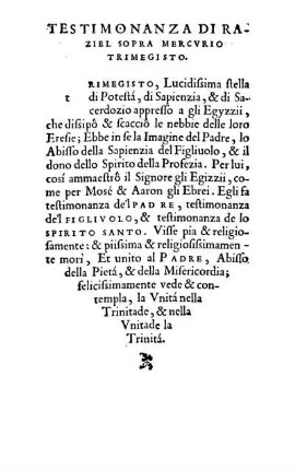 Testimonanza Di Raziel Sopra Mercvrio Trimegisto.