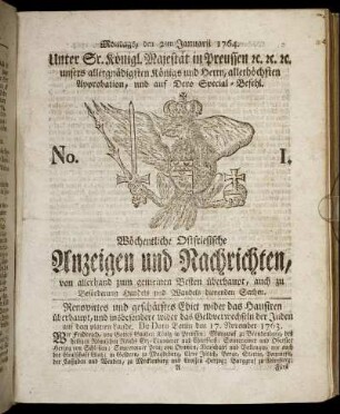 No. 1. Montags, den 2ten Januarii 1764.