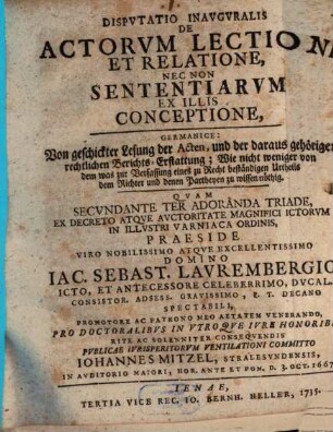 Diss. inaug. de actorum lectione et relatione, nec non sententiarum ex illis conceptione