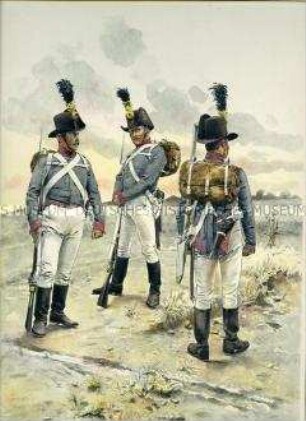 Uniformdarstellung, Gemeine der Sappeur-, Pontonier- und Mineur-Korps, Österreich, 1809. Tafel 56 aus: Ottenfeld/Teuber: Die österreichische Armee.