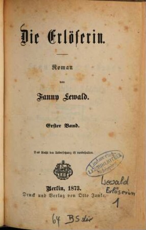 Die Erlöserin : Roman von Fanny Lewald. 1