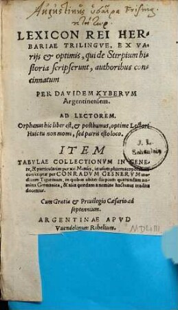 Lexicon Rei Herbariae Trilingve : Ex Varijs et optimis, qui de Stirpium historia scripserunt, authoribus concinnatum