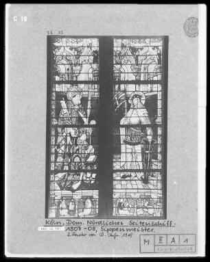 Petrus- und Wurzel-Jesse-Fenster, N XXII, Felder 1b, c-4b, c: Heiliger Petrus mit Erzbischof Philipp von Daun, Heiliger Sebastian, Stifterwappen