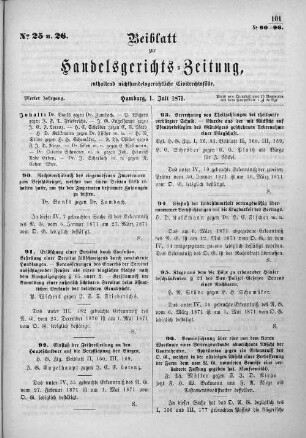Beiblatt zur hamburgischen Handelsgerichts-Zeitung No. 25 u. 26. Vierter Jahrgang. Hamburg, 1. Juli 1871.