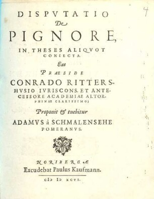 Dispvtatio De Pignore : in theses aliquot coniecta