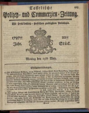 22tes Stueck, Montag den 29ten May 1797