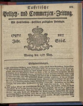 22tes Stueck, Montag den 29ten May 1797