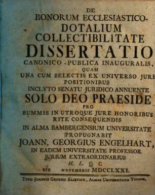 De bonorum ecclesiastico-dotalium collectibilitate dissertatio canonico-publica inauguralis