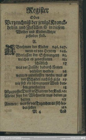 Register oder Verzeuchniß derjenige[n] Kranckheiten und Zufällen, so in diesem Weiber und Kinder-Artzte zufinden sind