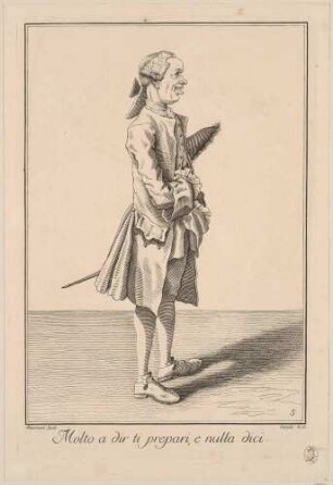 Karikatur eines Mannes mit Degen und Hut unter dem Arm ("Molto a dir ti prepari, e nulla dici")