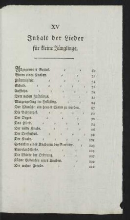 Inhalt der Lieder für kleine Jünglinge