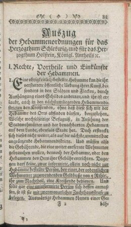 Auszug der Hebammenordnungen für das Herzogthum Schleswig, und für das Herzogthum Holstein, Königl. Antheils.
