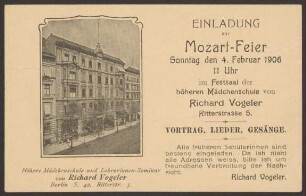 Ansichtskarte "Einladung zur Mozart-Feier", Höhere Mädchenschule, Ritterstraße 5