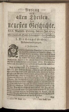 XXX. Nachlese. Coburg, den 26. Jul. 1752.