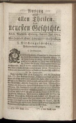 XXX. Nachlese. Coburg, den 26. Jul. 1752.