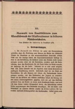 III. Auswahl von Kunstblättern zum Wandschmuck der Klassenzimmer in höheren Mädchenschulen.